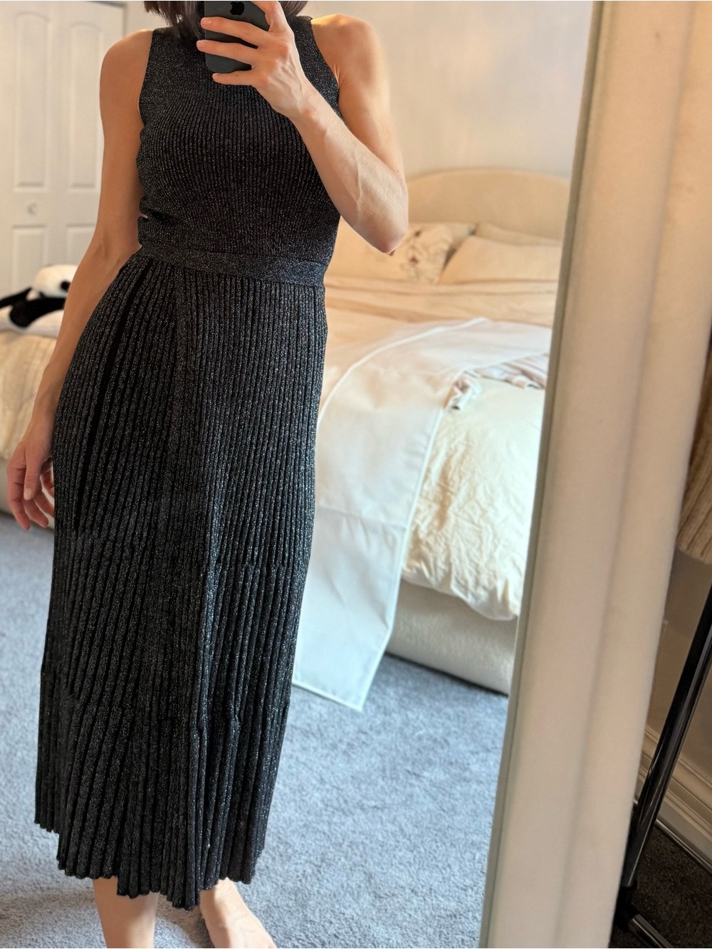 Dian von furstenberg Black Metallic Pleated Midi Dress